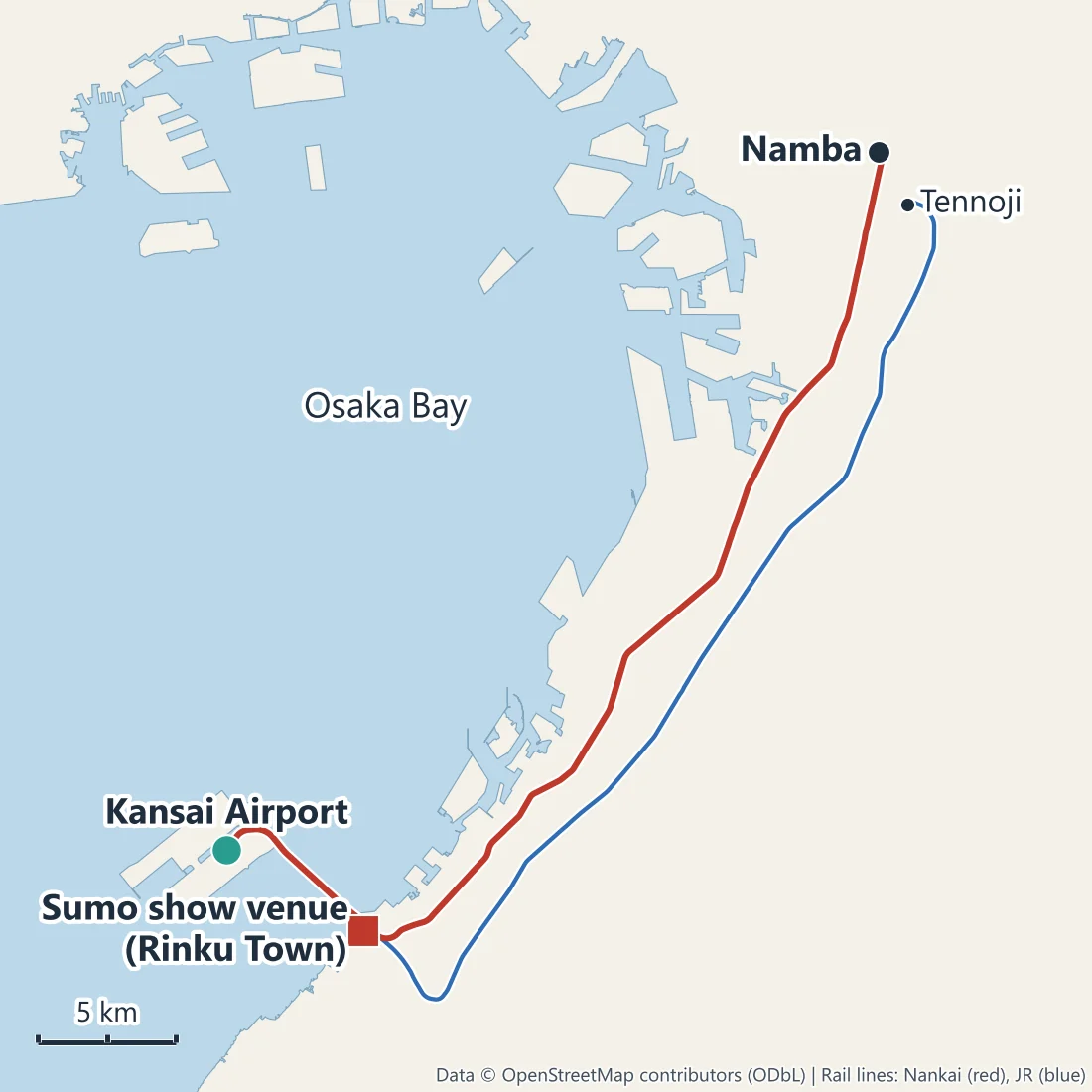 Map of the Osaka sumo show venue in Rinku Town, one stop from Kansai Airport and about 34 km south-west of Namba, with the Nankai and JR airport lines
